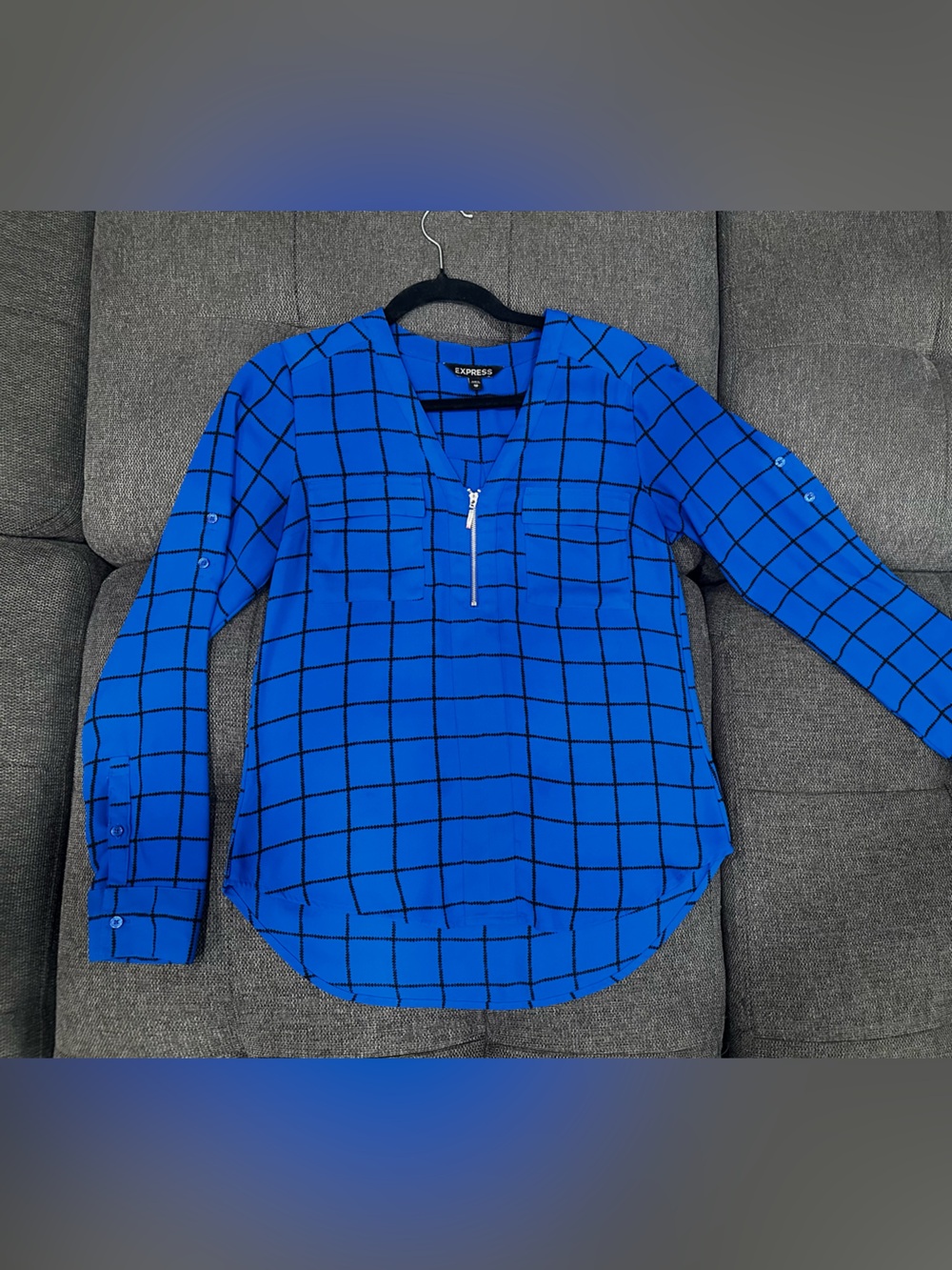 Express Bright Blue Plaid Half-Zip Women’s Blouse Size X Small
